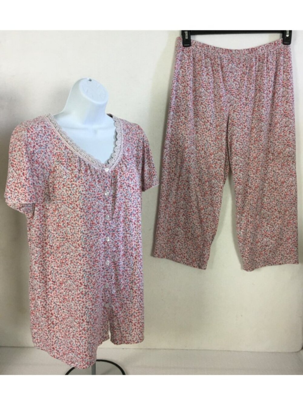 Secret Treasures Pajama Set 2 Piece Size M White w Pink Blue Flowers Lace Trim